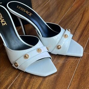 Versace White Leather Gold Medusa-Button Mules